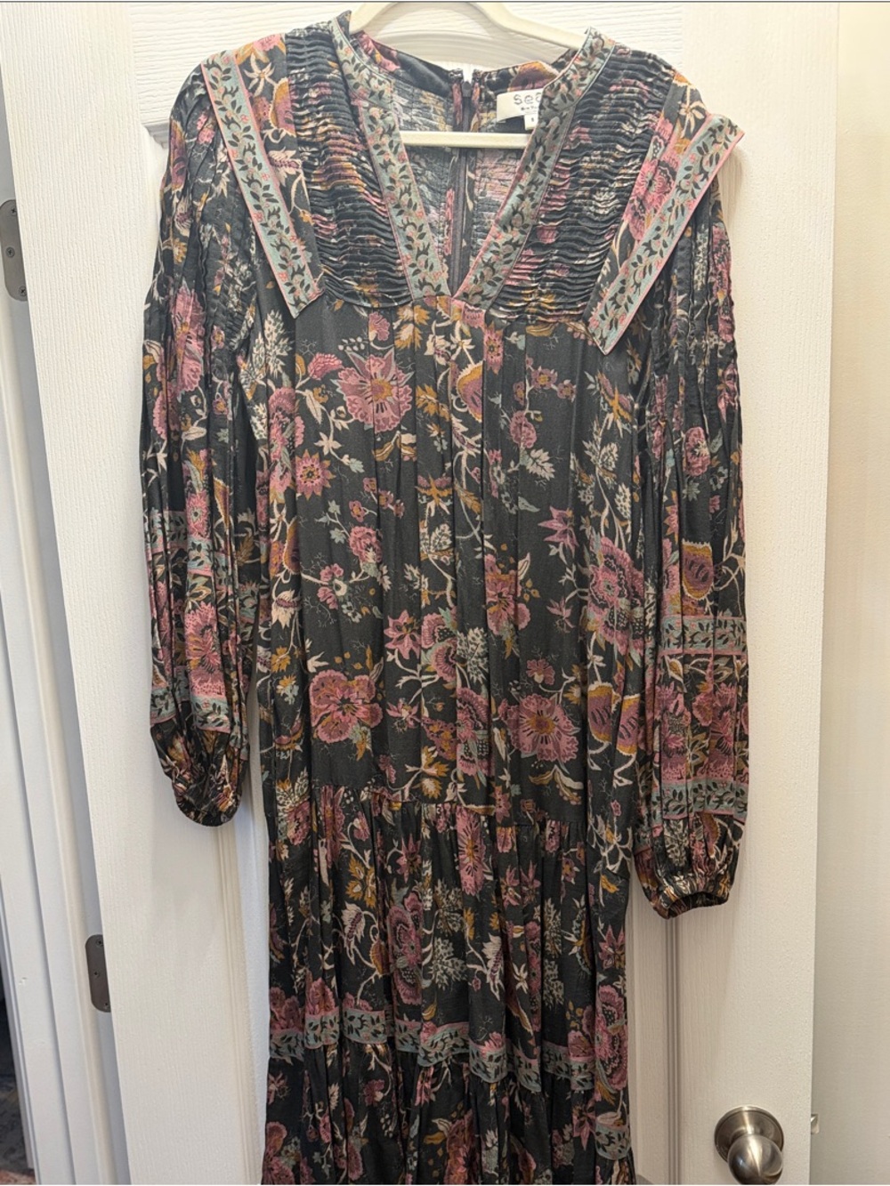 Sea New York Black Floral Maxi Dress with Pink and Mustard Accents